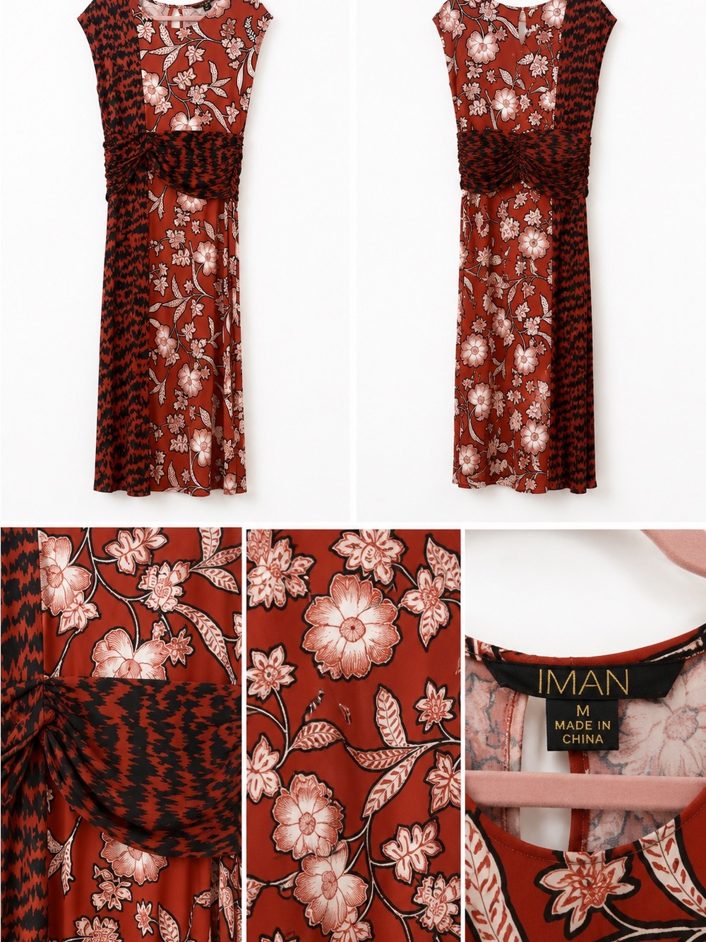 IMAN Mixed Print Ruched Midi Dress | Rust Floral | Medium
